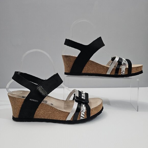 Mephisto Lucia Sandal Platform Wedge Black White Leather Cork EU Size 40 - Picture 3 of 12